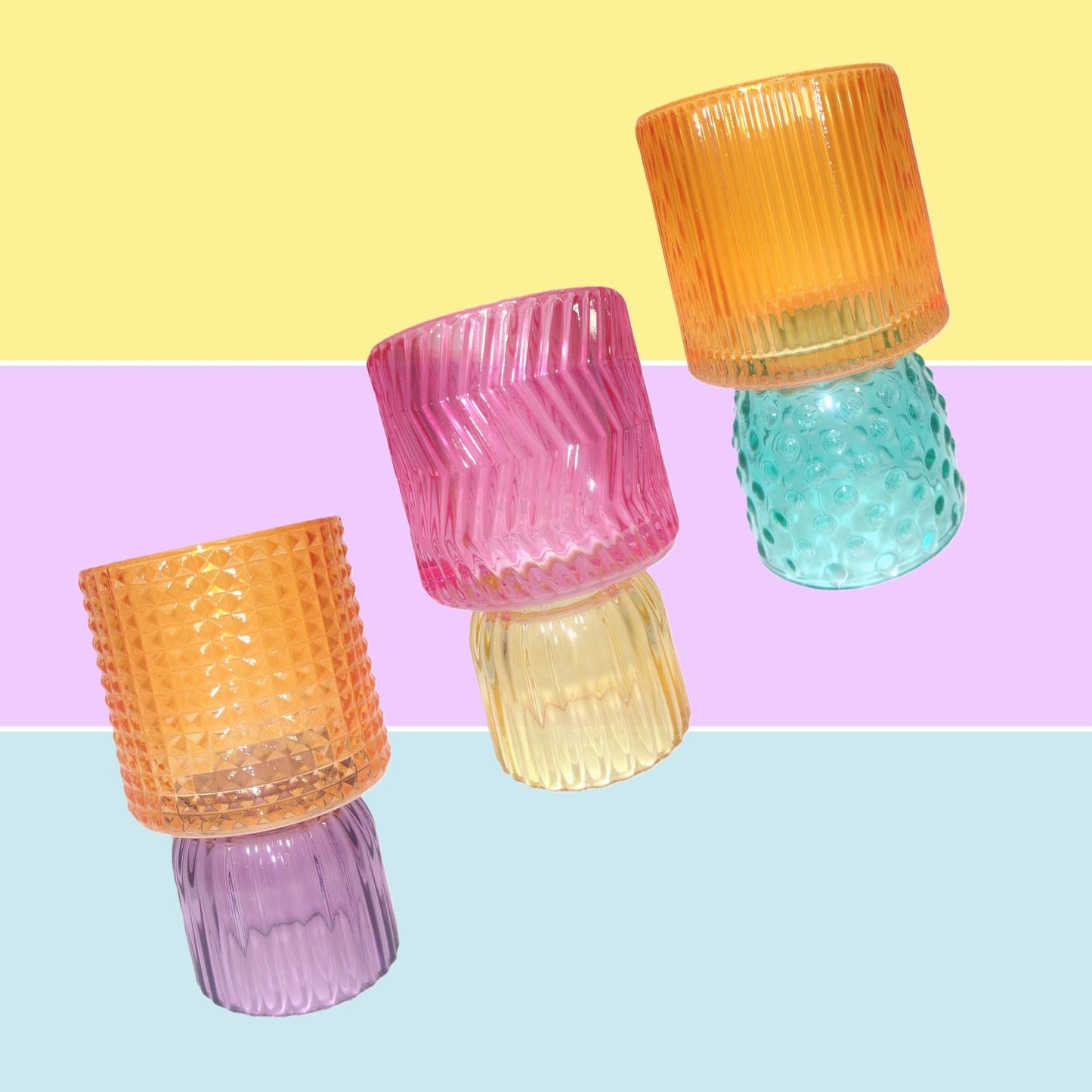 3 Assorted Colourful Glass Tealight Holders 13cm