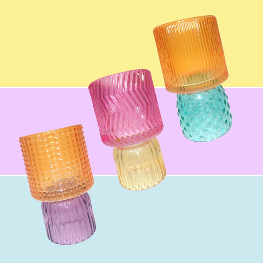 3 Assorted Colourful Glass Tealight Holders 13cm