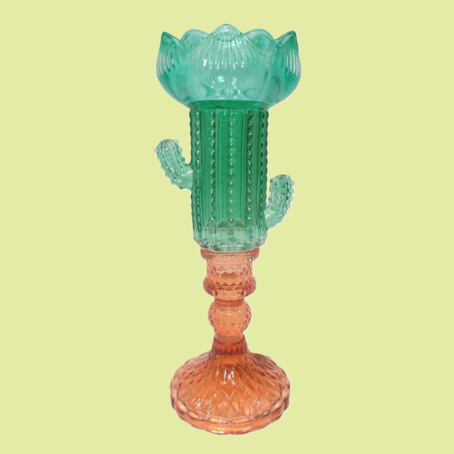2 Assorted Colourful Glass Cactus Design Tall Candle Holders