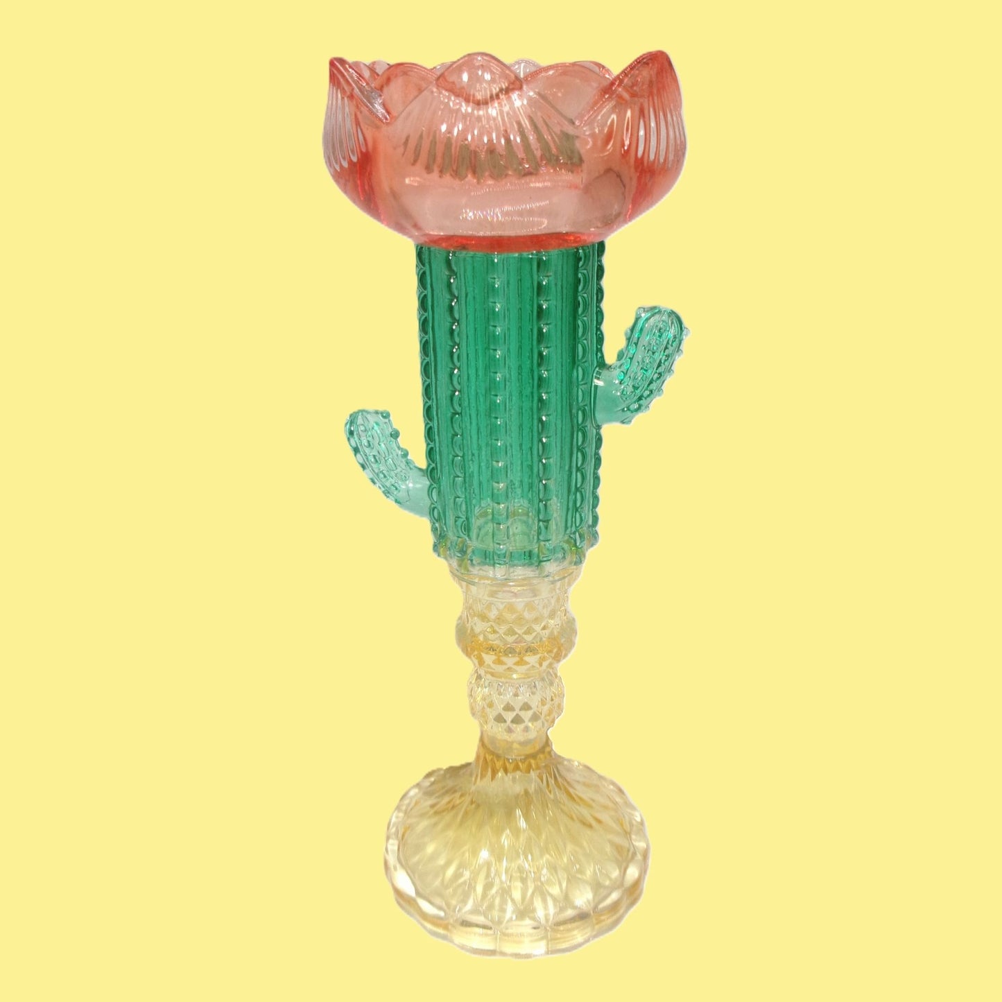 2 Assorted Colourful Glass Cactus Design Tall Candle Holders