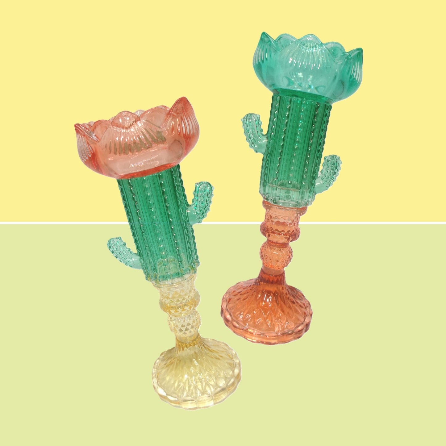 2 Assorted Colourful Glass Cactus Design Tall Candle Holders