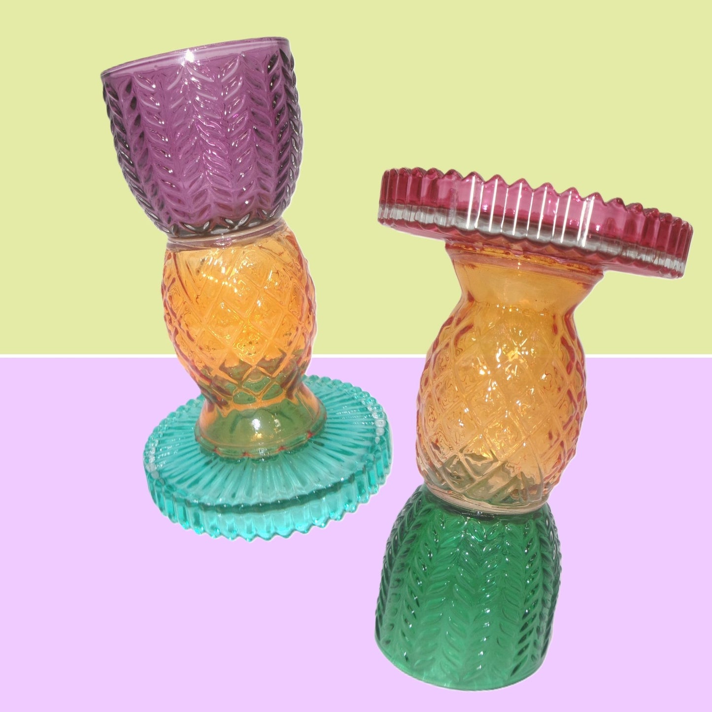 2 Assorted Colourful Glass Tropical Design Candle Holders