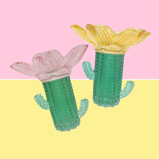 2 Assorted Colourful Glass Cactus Design Candle Holders