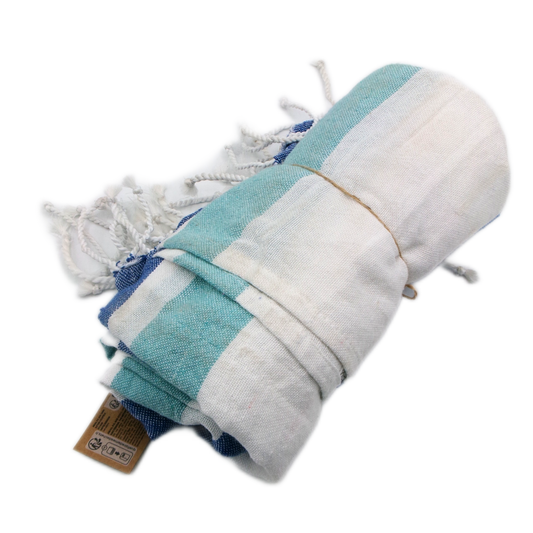 Blue & White Pastel Coloured Striped Hammam Towel with Tassels