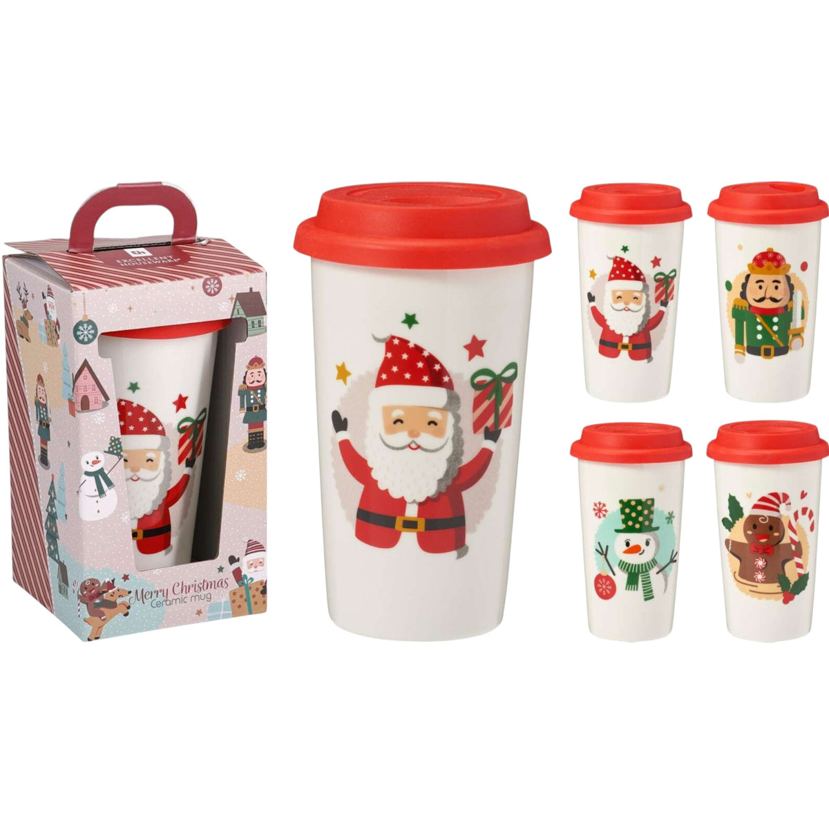 Stoneware Christmas Travel Mug With Lid - 4 designs
