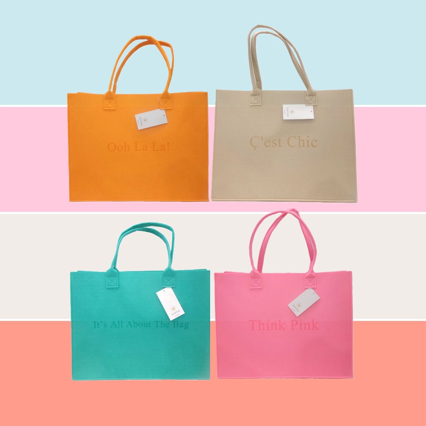 4 Assorted Colourful Quote Design Felt Shopping Tote Bags
