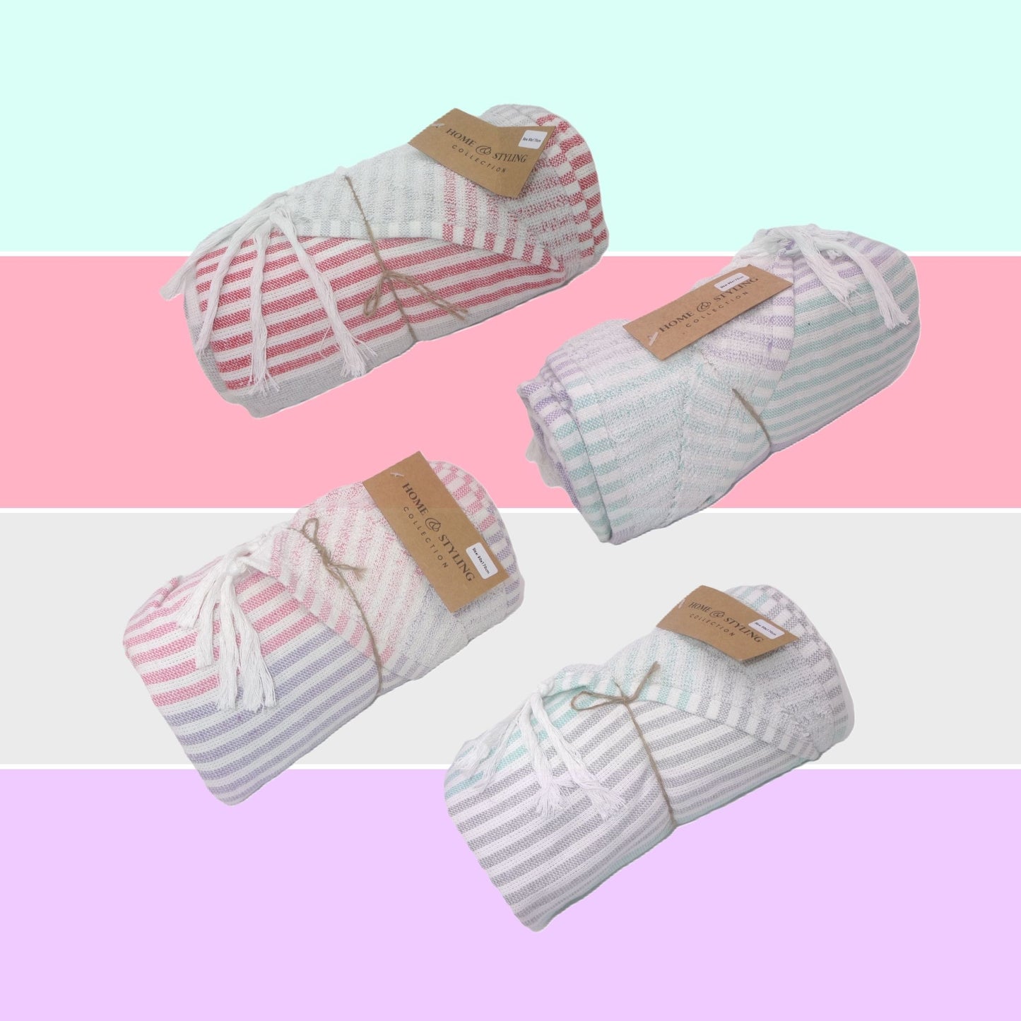 4 Assorted Colour Cotton Hammam Beach Towels 90x170cm