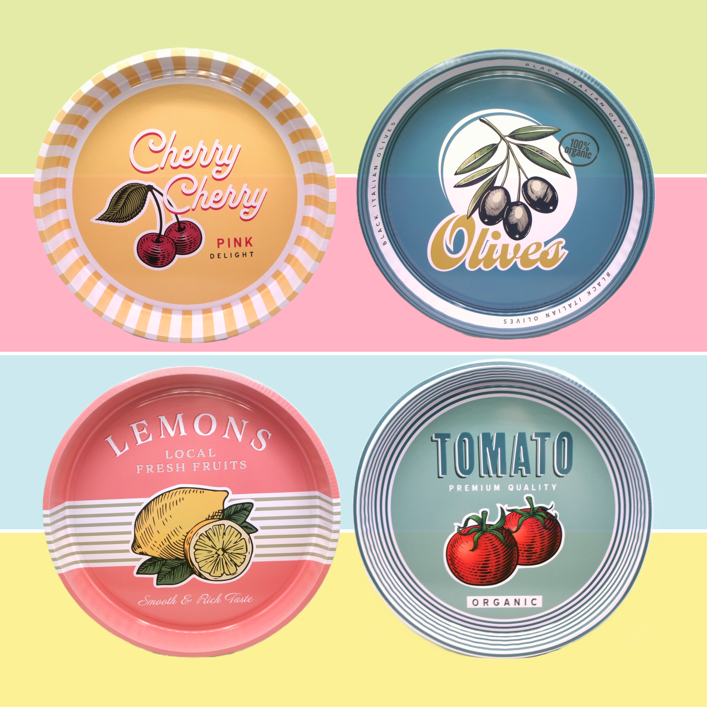 4 Assorted Colourful Retro Fruit Design Round Metal Serving Tray