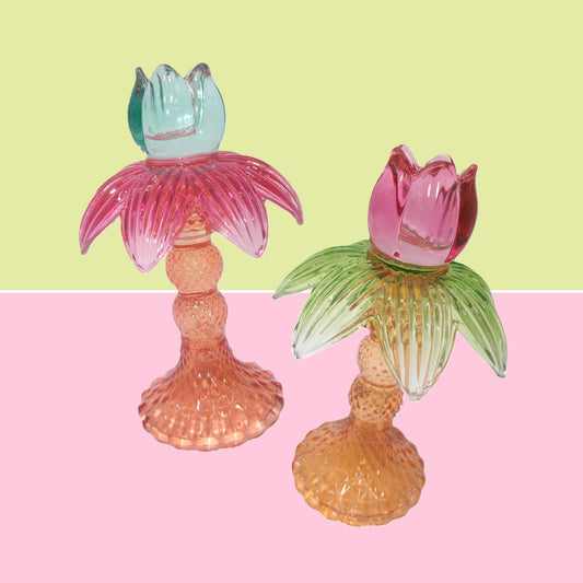 2 Assorted Colourful Glass Palm Tree Design Candle Holders