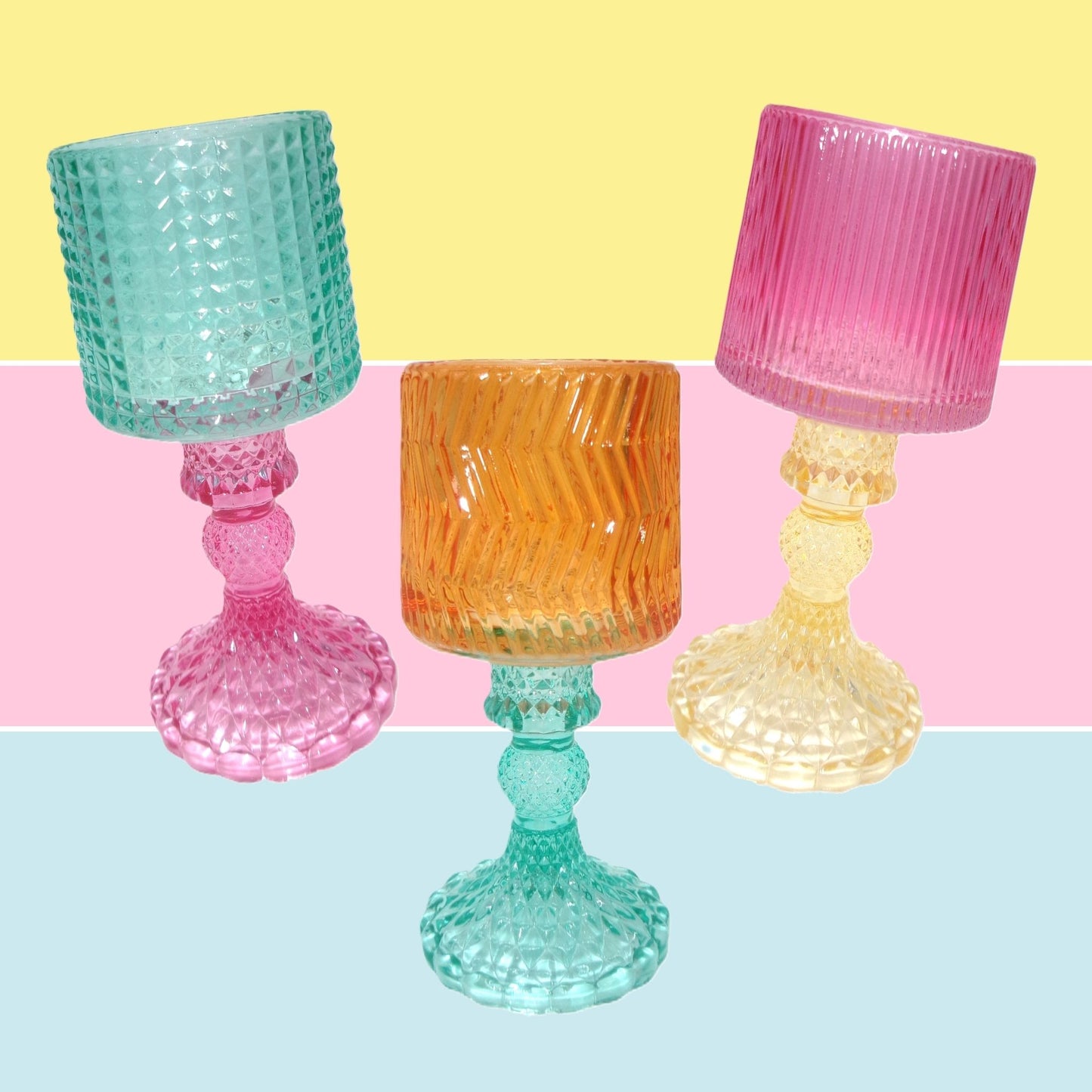 3 Assorted Tall Colourful Glass Tealight Holders 17.5cm