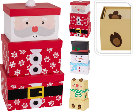 Christmas Gift Box Set of 3 Santa Snowman Reindeer Assorted Designs