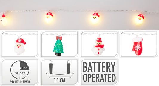 Assorted Festive Design LED Light Chain 10x Warm White Lights Battery Operated Timer