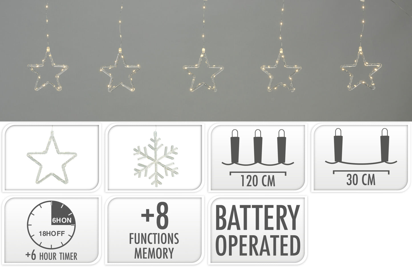 Assorted Christmas Curtain Lights Warm White Micro LEDs Battery Operated with Timer