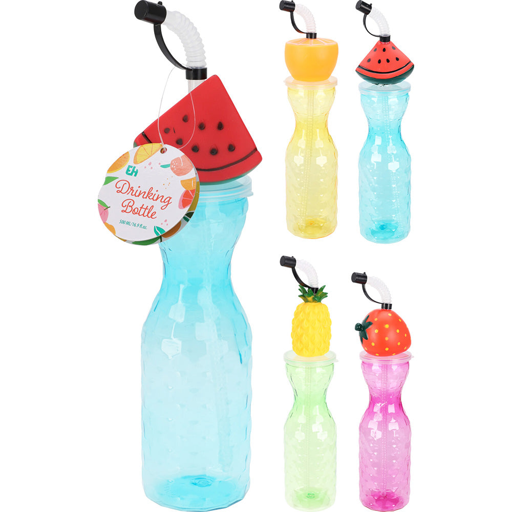 Assorted Drinks Water Travel Bottle with Fruit Design and Straw 500ml